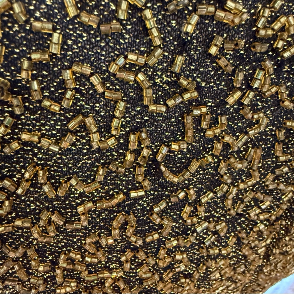 VINTAGE BLACK TIE OLEG CASSINI GOLD BEADED SLEEVELESS MIDI GOWN - Picture 11 of 16